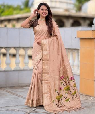 Peach color cotton silk fabric rich wevon meenakari designer ceremonial saree 4