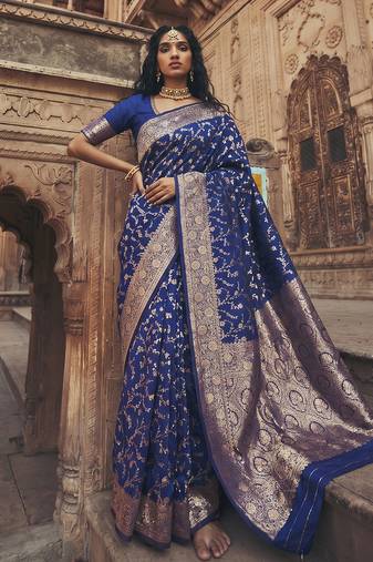 Blue color smart and elegant partywear designer woven art silk saree