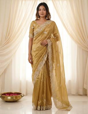 Gold color smart frendy satin fabric bollywood style ceremonial saree 1