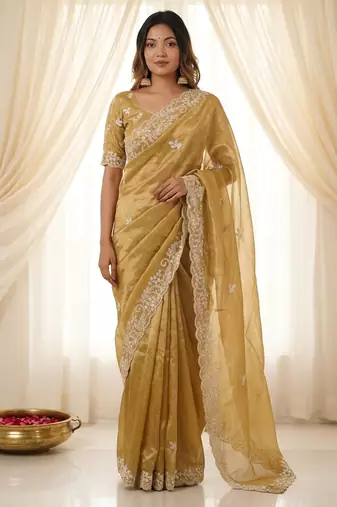 Gold color smart frendy satin fabric bollywood style ceremonial saree