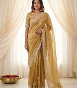 Gold color smart frendy satin fabric bollywood style ceremonial saree