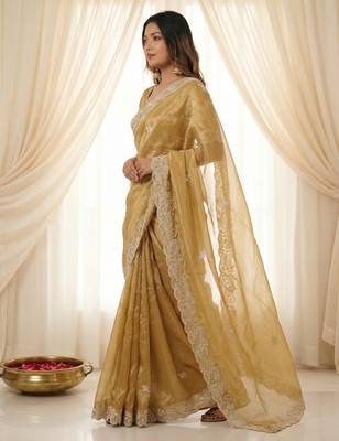 Gold color smart frendy satin fabric bollywood style ceremonial saree 2
