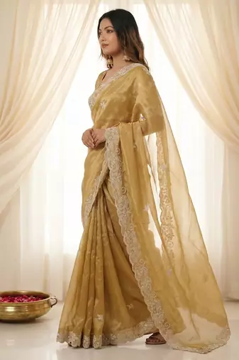 Gold color smart frendy satin fabric bollywood style ceremonial saree