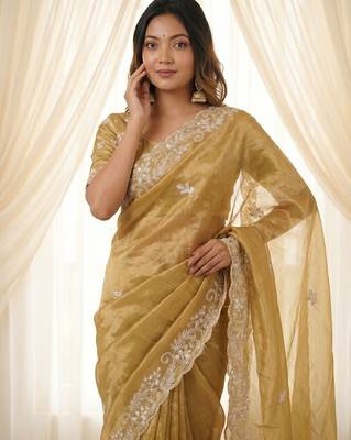 Gold color smart frendy satin fabric bollywood style ceremonial saree 3