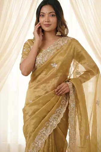 Gold color smart frendy satin fabric bollywood style ceremonial saree