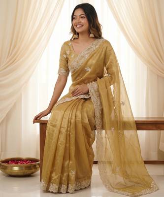 Gold color smart frendy satin fabric bollywood style ceremonial saree 4