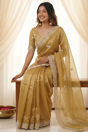Gold color smart frendy satin fabric bollywood style ceremonial saree