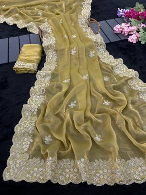 Gold color smart frendy satin fabric bollywood style ceremonial saree 5