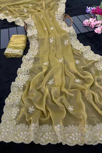 Gold color smart frendy satin fabric bollywood style ceremonial saree