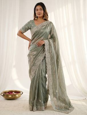Green color smart frendy satin fabric bollywood style ceremonial saree 1