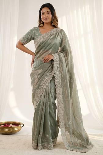 Green color smart frendy satin fabric bollywood style ceremonial saree
