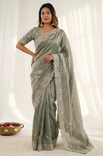 Green color smart frendy satin fabric bollywood style ceremonial saree