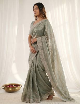 Green color smart frendy satin fabric bollywood style ceremonial saree 2