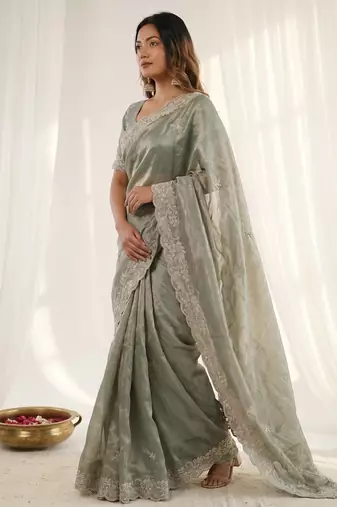 Green color smart frendy satin fabric bollywood style ceremonial saree