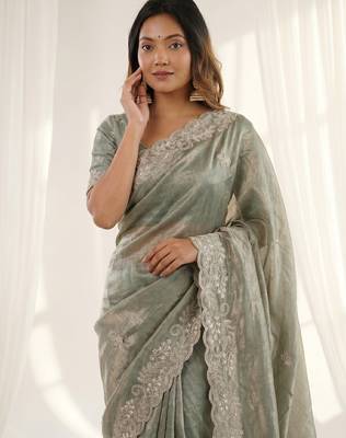 Green color smart frendy satin fabric bollywood style ceremonial saree 3