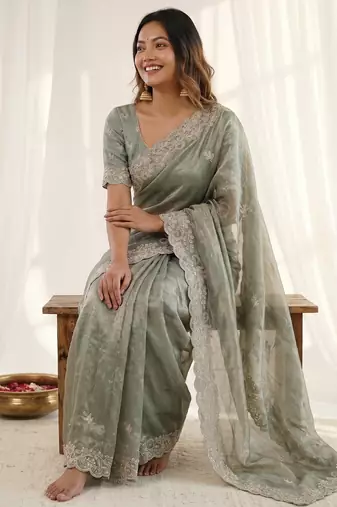 Green color smart frendy satin fabric bollywood style ceremonial saree