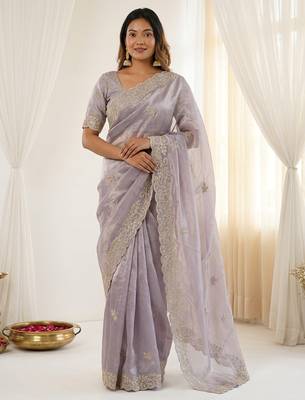 Lavender color smart frendy satin fabric bollywood style ceremonial saree 1