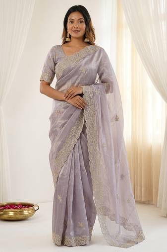 Lavender color smart frendy satin fabric bollywood style ceremonial saree
