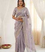 Lavender color smart frendy satin fabric bollywood style ceremonial saree