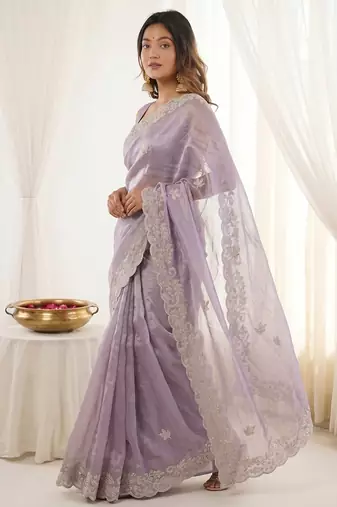 Lavender color smart frendy satin fabric bollywood style ceremonial saree