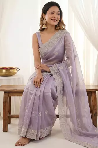Lavender color smart frendy satin fabric bollywood style ceremonial saree