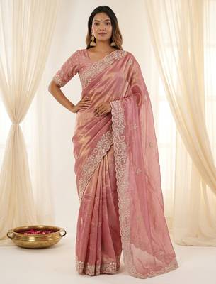 Pink color smart frendy satin fabric bollywood style ceremonial saree 1