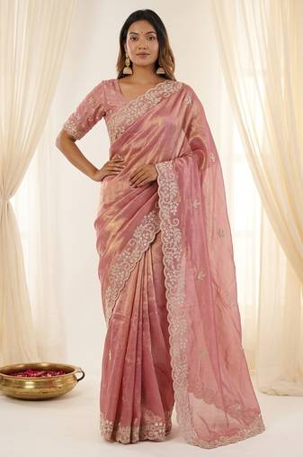 Pink color smart frendy satin fabric bollywood style ceremonial saree