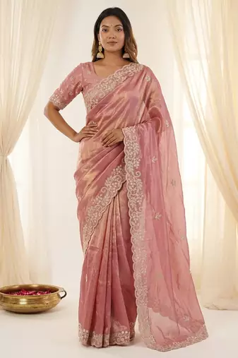 Pink color smart frendy satin fabric bollywood style ceremonial saree