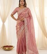 Pink color smart frendy satin fabric bollywood style ceremonial saree