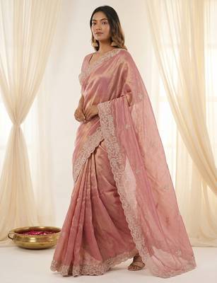 Pink color smart frendy satin fabric bollywood style ceremonial saree 2