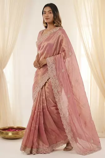 Pink color smart frendy satin fabric bollywood style ceremonial saree
