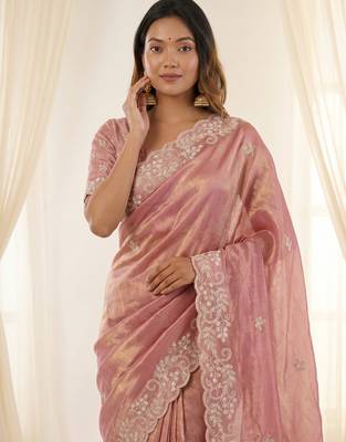 Pink color smart frendy satin fabric bollywood style ceremonial saree 3