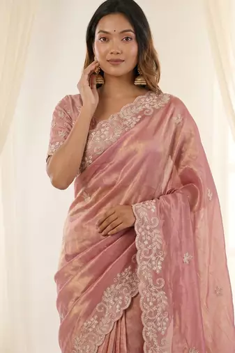 Pink color smart frendy satin fabric bollywood style ceremonial saree