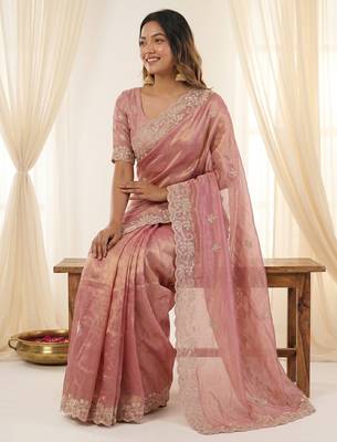 Pink color smart frendy satin fabric bollywood style ceremonial saree 4