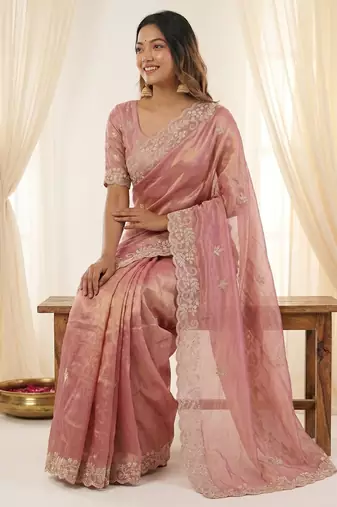 Pink color smart frendy satin fabric bollywood style ceremonial saree