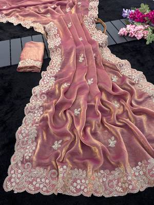 Pink color smart frendy satin fabric bollywood style ceremonial saree 5