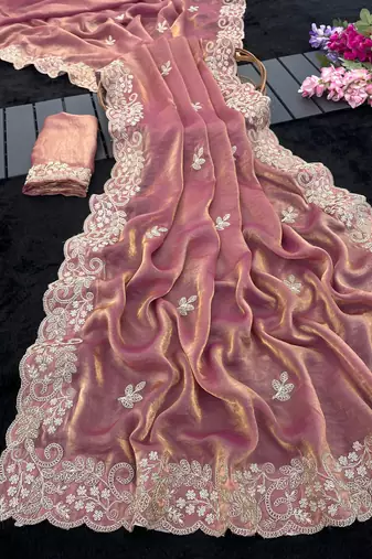 Pink color smart frendy satin fabric bollywood style ceremonial saree