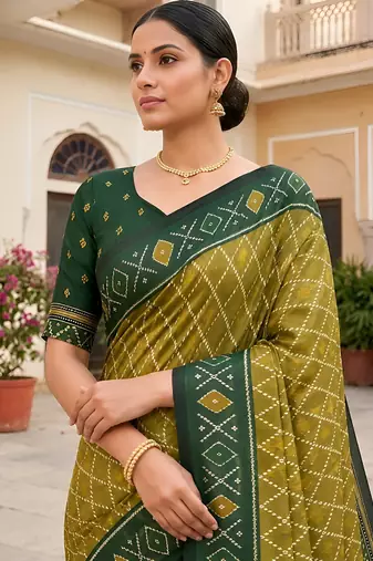 Mahendi color patola silk saree with special woven meenakari jacquard designer saree