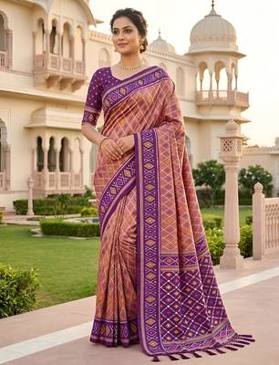 Onion color patola silk saree with special woven meenakari jacquard designer saree 1