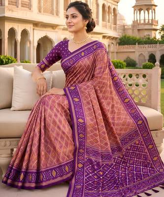 Onion color patola silk saree with special woven meenakari jacquard designer saree 5