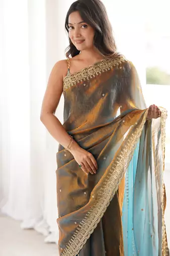 Grey color fendy satin fabric beautiful sequins embroidered ceremonial saree