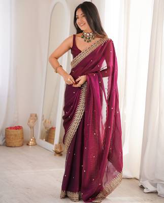 Maroon color fendy satin fabric beautiful sequins embroidered ceremonial saree 1