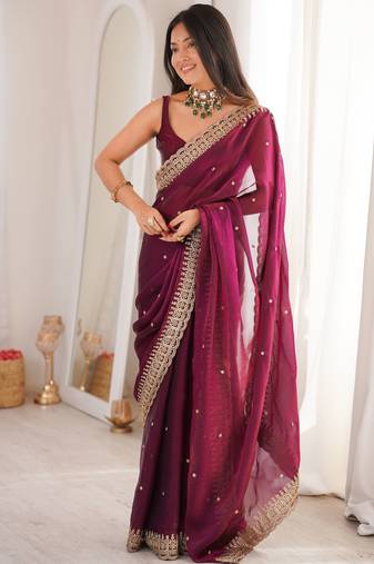 Maroon color fendy satin fabric beautiful sequins embroidered ceremonial saree