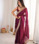 Maroon color fendy satin fabric beautiful sequins embroidered ceremonial saree