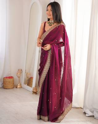 Maroon color fendy satin fabric beautiful sequins embroidered ceremonial saree 2