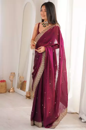 Maroon color fendy satin fabric beautiful sequins embroidered ceremonial saree