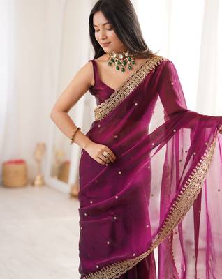 Maroon color fendy satin fabric beautiful sequins embroidered ceremonial saree 3