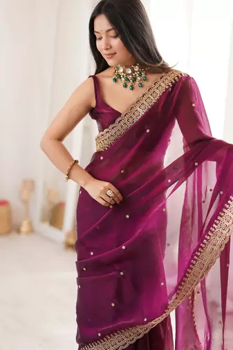 Maroon color fendy satin fabric beautiful sequins embroidered ceremonial saree