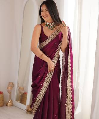 Maroon color fendy satin fabric beautiful sequins embroidered ceremonial saree 4