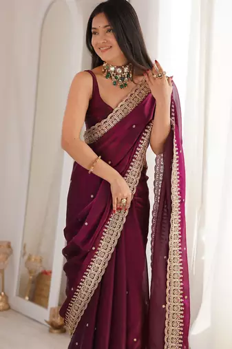 Maroon color fendy satin fabric beautiful sequins embroidered ceremonial saree